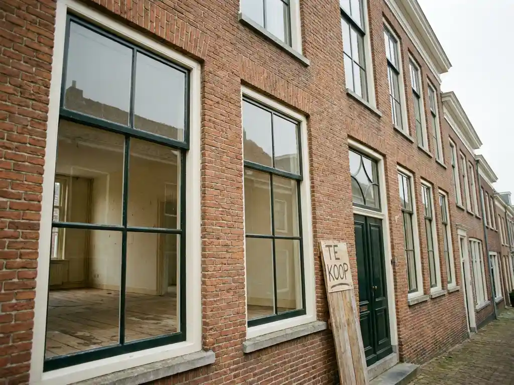Leegstaande Nederlandse rijtjeswoning te koop, met kale houten vloeren en witte muren zichtbaar door grote ramen.