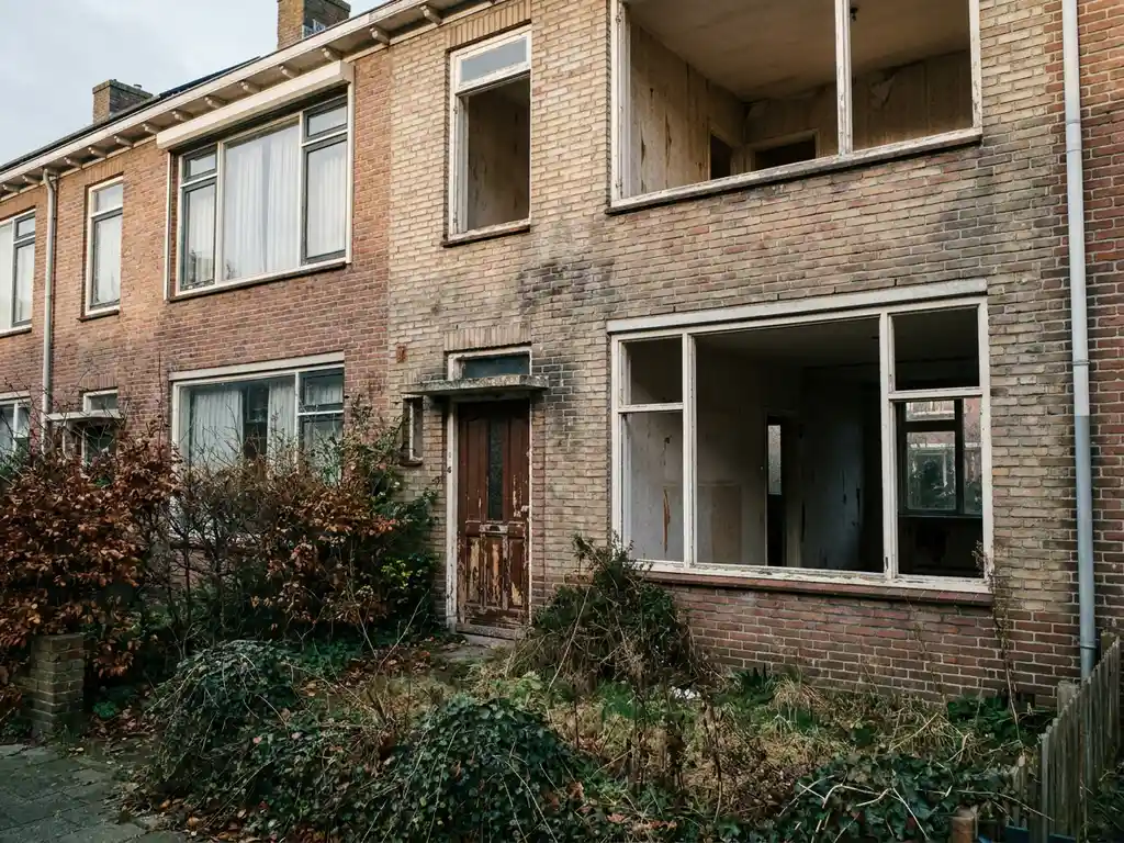 Leegstaande Nederlandse rijtjeswoning met verwaarloosde voortuin, verweerde houten voordeur en grote ramen die lege kamers onthullen.