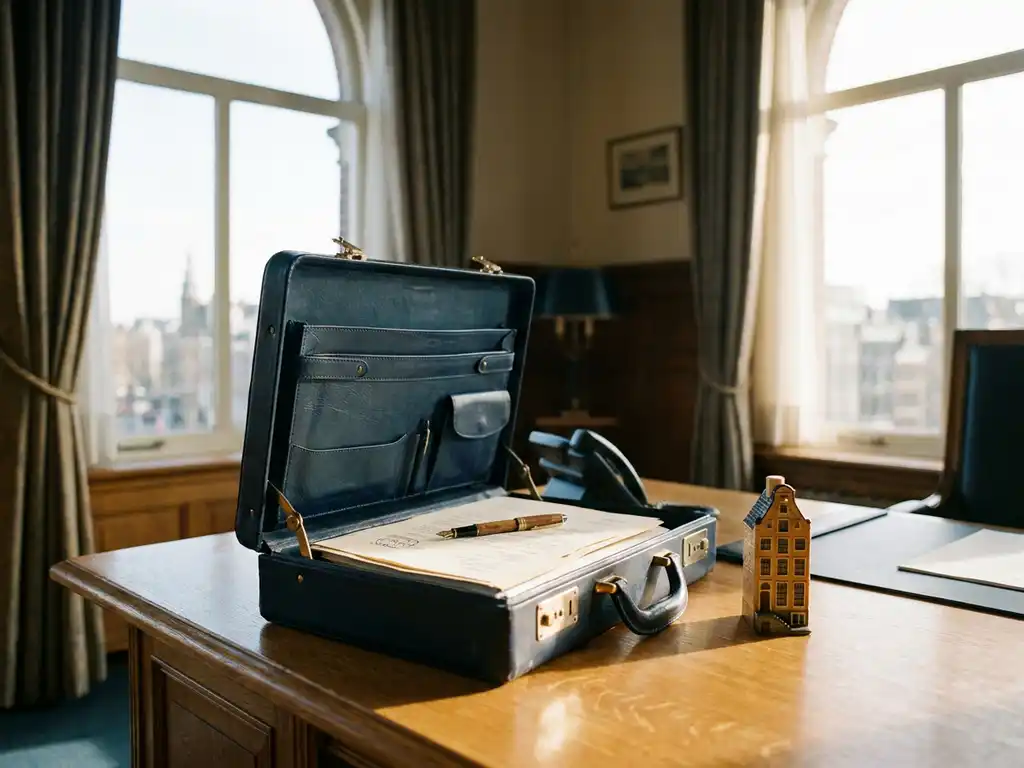 Open leren aktetas op eikenhouten bureau met miniatuur Hollands grachtenpand, vulpen en juridische documenten in warm middaglicht.
