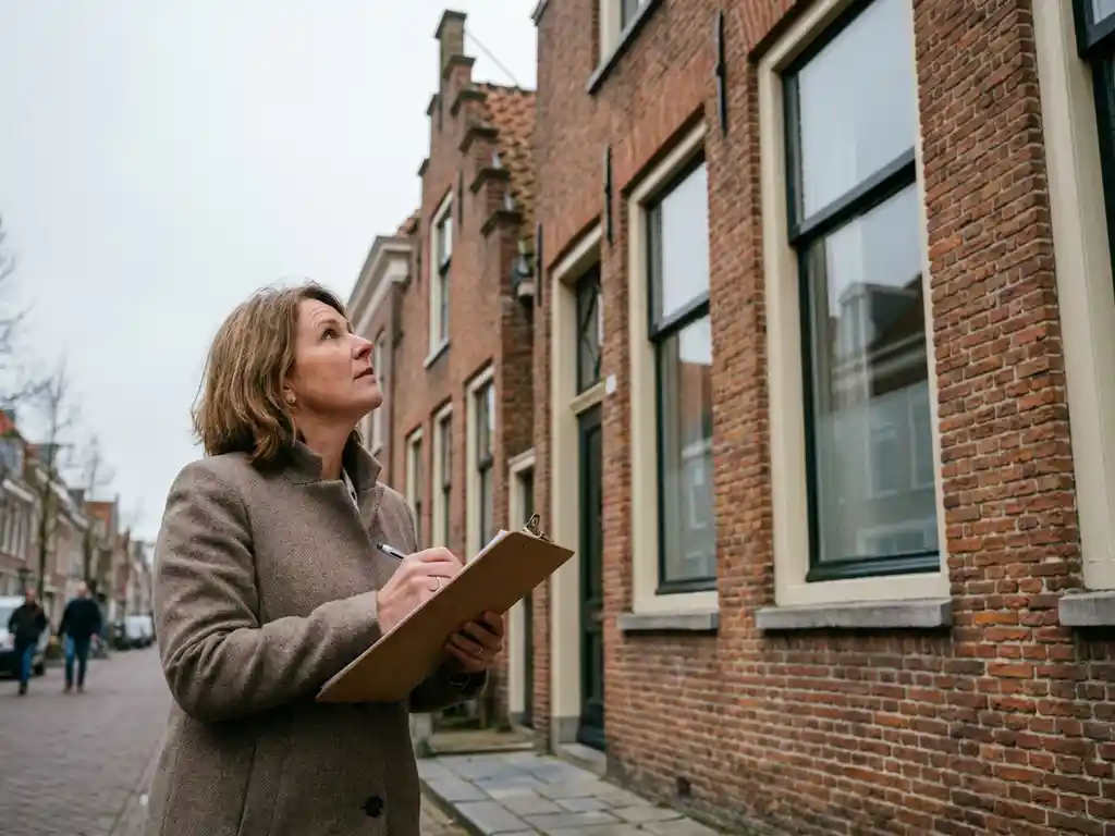 Makelaar met klembord inspecteert gevel van klassieke Nederlandse bakstenen rijwoning met trapgevel en hoge smalle ramen.