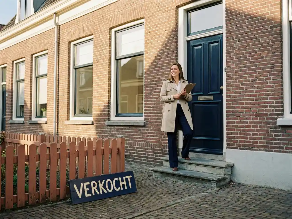 Makelaar met klembord voor een Hollandse bakstenen rijtjeswoning met verkocht-bord en vers geschilderde voordeur in middagzon.