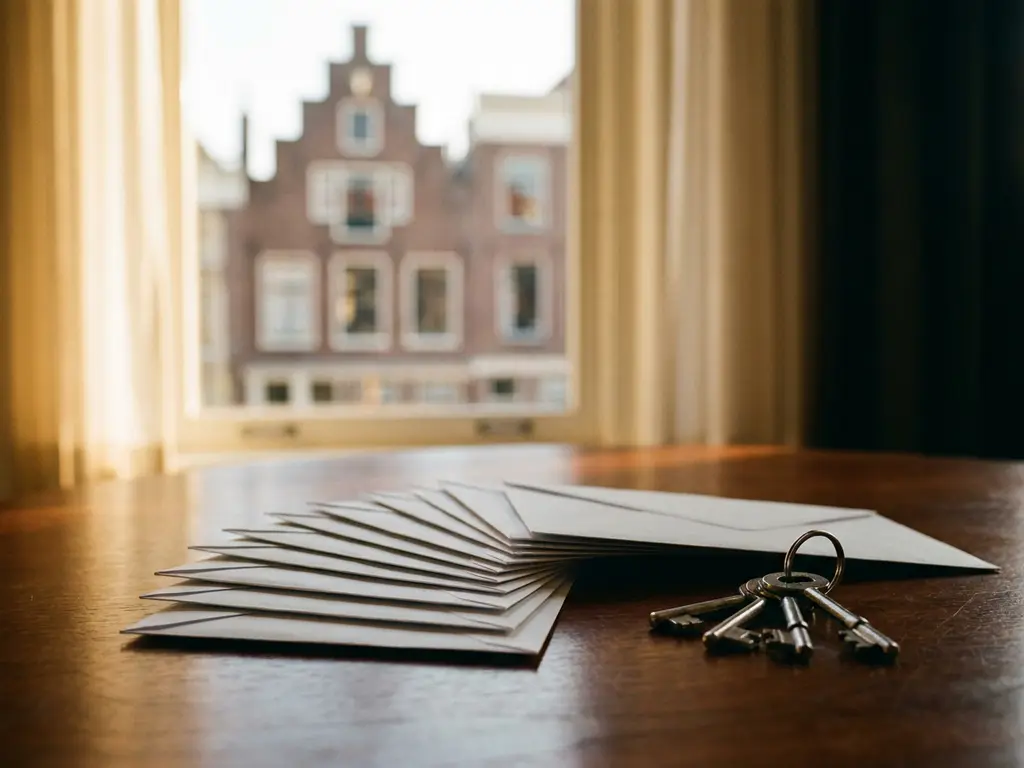 Stapel witte enveloppen en huissleutels op houten tafel, met traditionele Nederlandse bakstenen rijwoning op achtergrond.