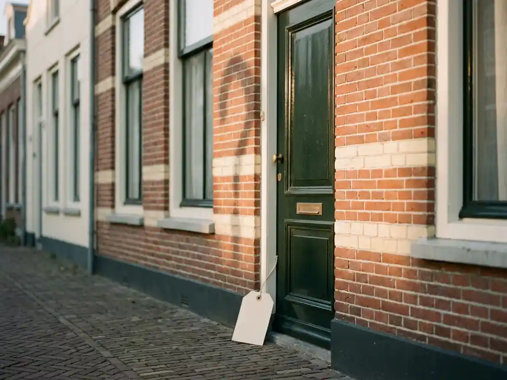 Nederlandsche rijtjeswoning met terracotta bakstenen gevel, prijskaartje tegen voordeur, vraagtekenschaduw in gouduurlicht.