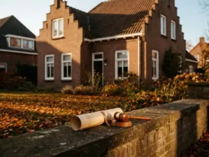 Nederlands woonhuis met bakstenen gevel en juridisch document met houten hamer op tuinmuur in herfstig ochtendlicht.