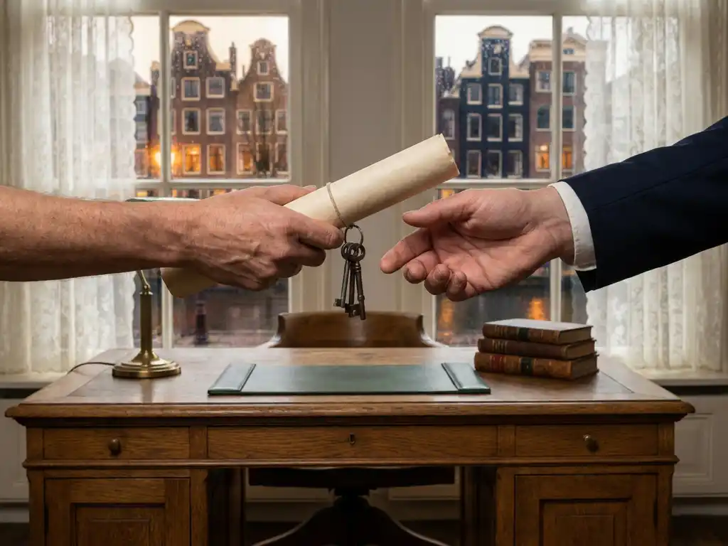 Twee mensen wisselen huissleutels en eigendomsakte uit op een eikenhouten notarisbureau, met een Amsterdams grachtenpand zichtbaar door een regenbeslagen raam.