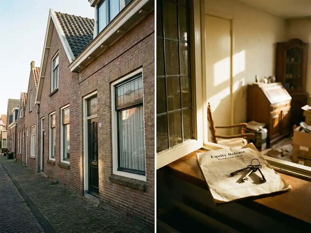 Nederlandse rijtjeswoning met bakstenen gevel, met een opeethypotheekdocument en huissleutels op een zonnig vensterbank.