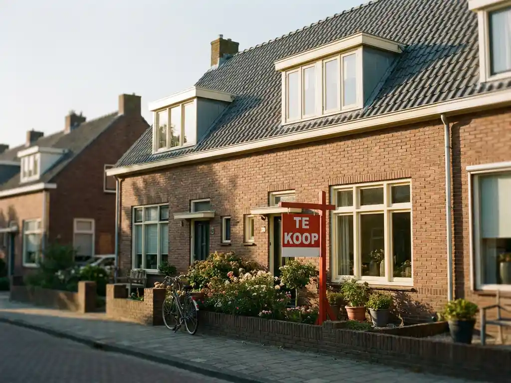 Nederlandserijtjeswoning te koop met rood verkoopbord in kleine voortuin, terracotta bakstenen gevel en leisteen dak in middagzon.