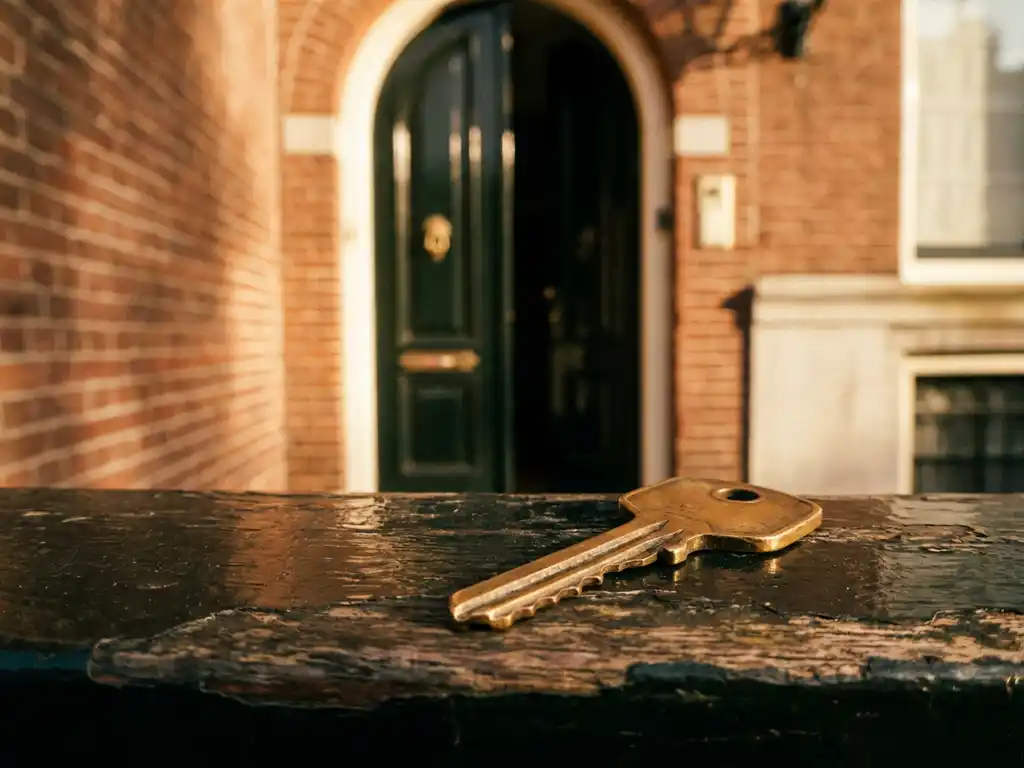 Messing huissleutel op verweerde houten drempel van Amsterdams grachtenpand, voordeur op kier in zachte ochtendlicht.