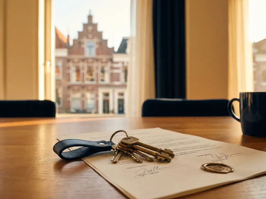 Huissleutels op een ondertekende notariële akte op een houten tafel, met een Nederlandse bakstenen rij woning zichtbaar op de achtergrond.