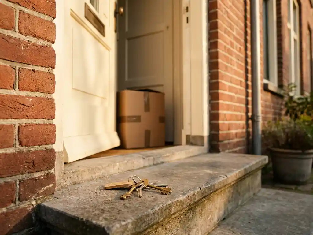Huissleutels op de stoep van een Nederlandse rijtjeswoning, met een verhuisdoos zichtbaar door de open voordeur in warm middaglicht.