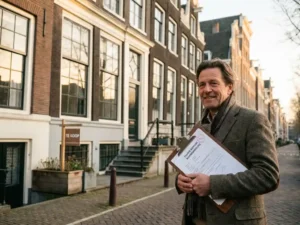 Taxateur met klembord en taxatiedocumenten voor Amsterdams grachtenpand met bakstenen gevel en Te Koop-bord.