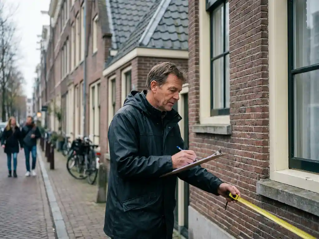 Taxateur met klembord en meetlint bij een klassiek bakstenen grachtenpand in Amsterdam onder bewolkt noordelijk daglicht.