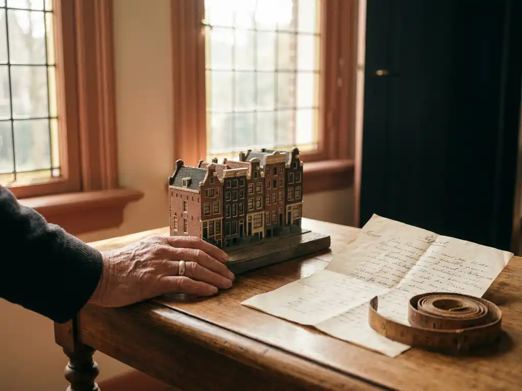 Verweerde hand van een taxateur op een houten tafel naast een grachtenpandmaquette, taxatierapport en meetlint in warm middaglicht.