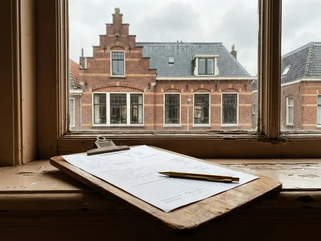 Taxateur houdt klembord met woningwaarderingsformulier voor raam met uitzicht op Nederlandse bakstenen rijtjeswoning.