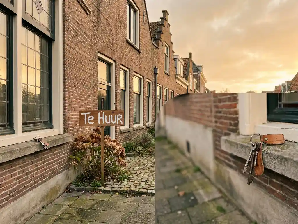 Hollandse bakstenen rijtjeswoning met Te Huur-bord in voortuin, verhuursleutels op vensterbank, warme middagzon op terracotta gevel.