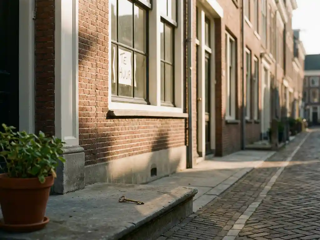 Hollandse bakstenen rijtjeswoning met Te Huur-bord, sleutel op de drempel naast een huurdersbloempot in warm middaglicht.