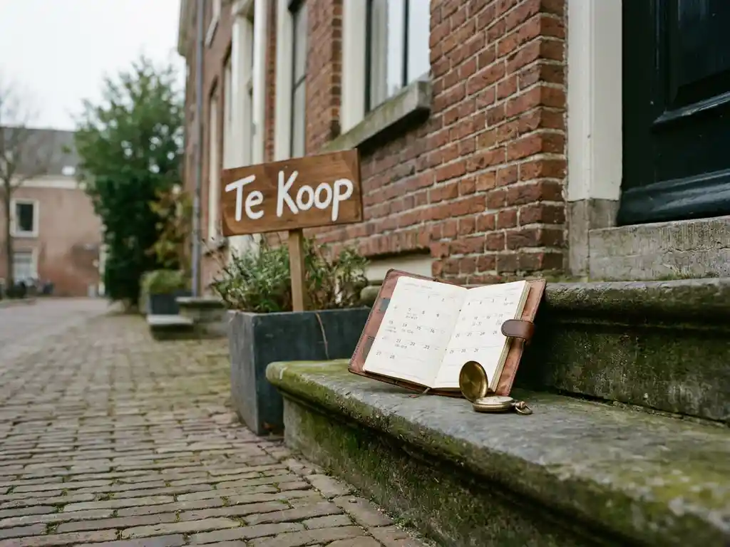 Verweerd Amsterdams grachtenpand met Te Koop-bord, leren agenda en zakhorloge op de stoep, bewolkte lucht.