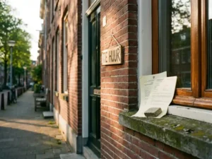 Nederlandstalige huurwoning van rode baksteen met Te Huur-bord en gemeentelijk taxatiedocument op vensterbank in middaglicht.