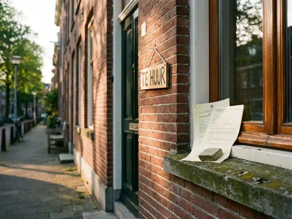 Nederlandstalige huurwoning van rode baksteen met Te Huur-bord en gemeentelijk taxatiedocument op vensterbank in middaglicht.