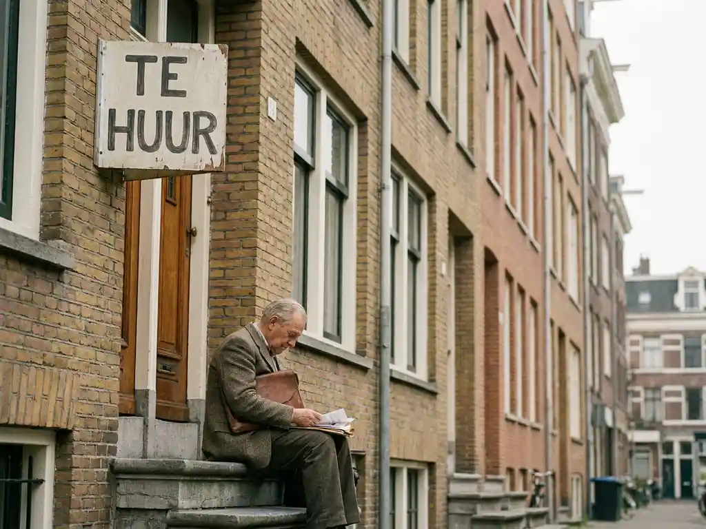 Verhuurder bekijkt huurcontracten op de stoep van een Hollands bakstenen appartementengebouw met Te Huur-bord.