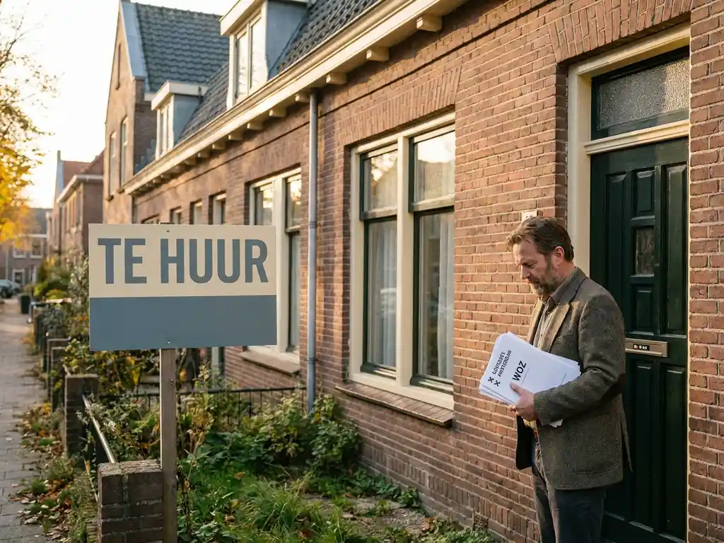 Verhuurder met gemeentelijke beoordelingsdocumenten voor een rood bakstenen rijtjeshuis met Te Huur-bord in de voortuin.