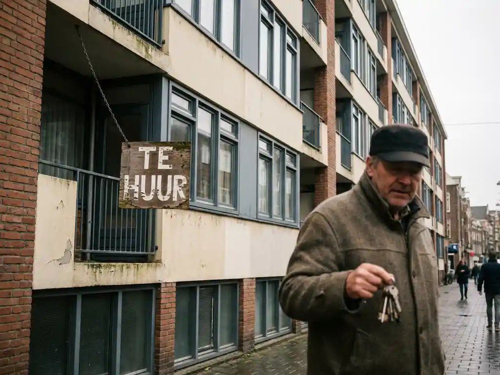 Verhuurder houdt sleutels vast voor Dutch appartementengebouw met verweerd "Te Huur"-bord in terracotta bakstenen gevel.