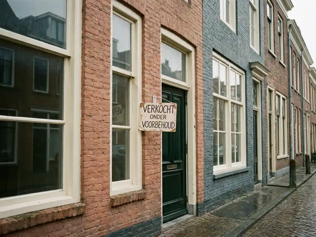 Nederlandse rijtjeswoning met verkocht-onder-voorbehoud-bord bij halfopen voordeur, bakstenen gevel onder bewolkte lucht.